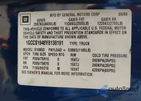 2000 Chevrolet S-10 Ls from USA, damaged, VIN 1GCCS1948Y8138191